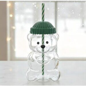Bear Straw Glass Cup 20oz ，Eco-Friendly Cute Bear with Lid & Reusable Straw